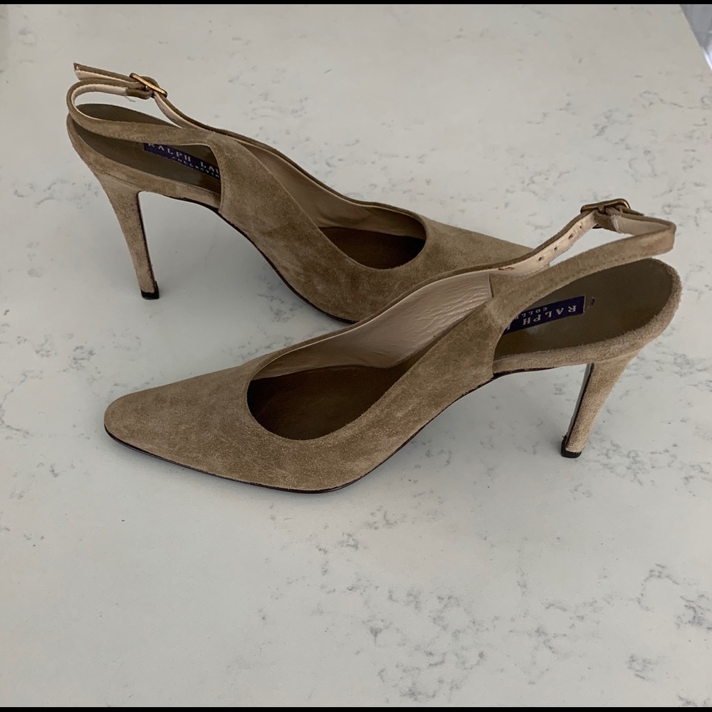 Ralph Lauren Collection taupe suede slingback 7b